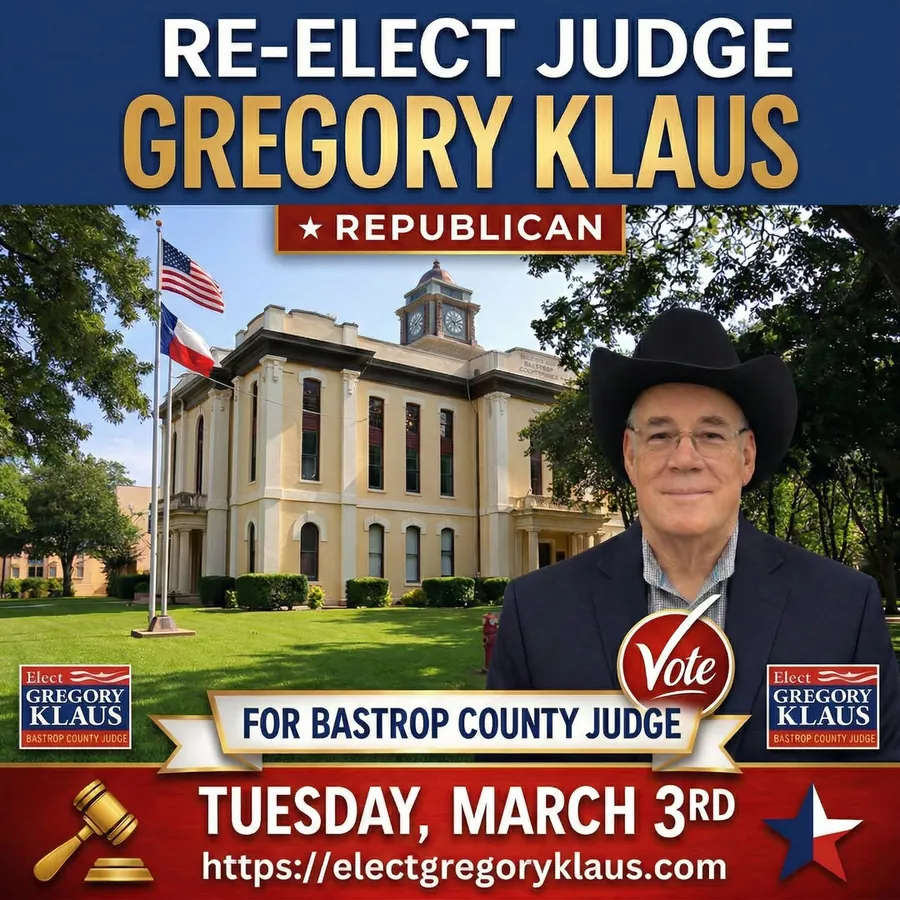 Re-Elect Judge Gregory Klaus campaign ad with courthouse and March 3 election date