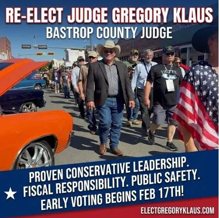 Judge Gregory Klaus at a community parade - proven conservative leadership ad