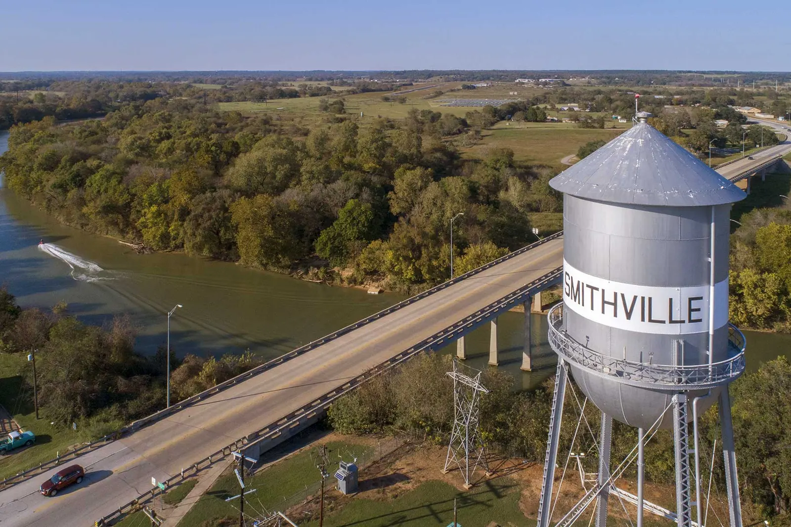 Smithville, Texas water tower and river bridge