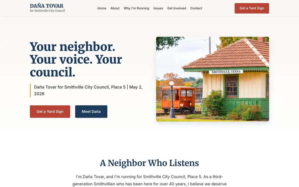 electdanatovar.com homepage - Your neighbor. Your voice. Your council.