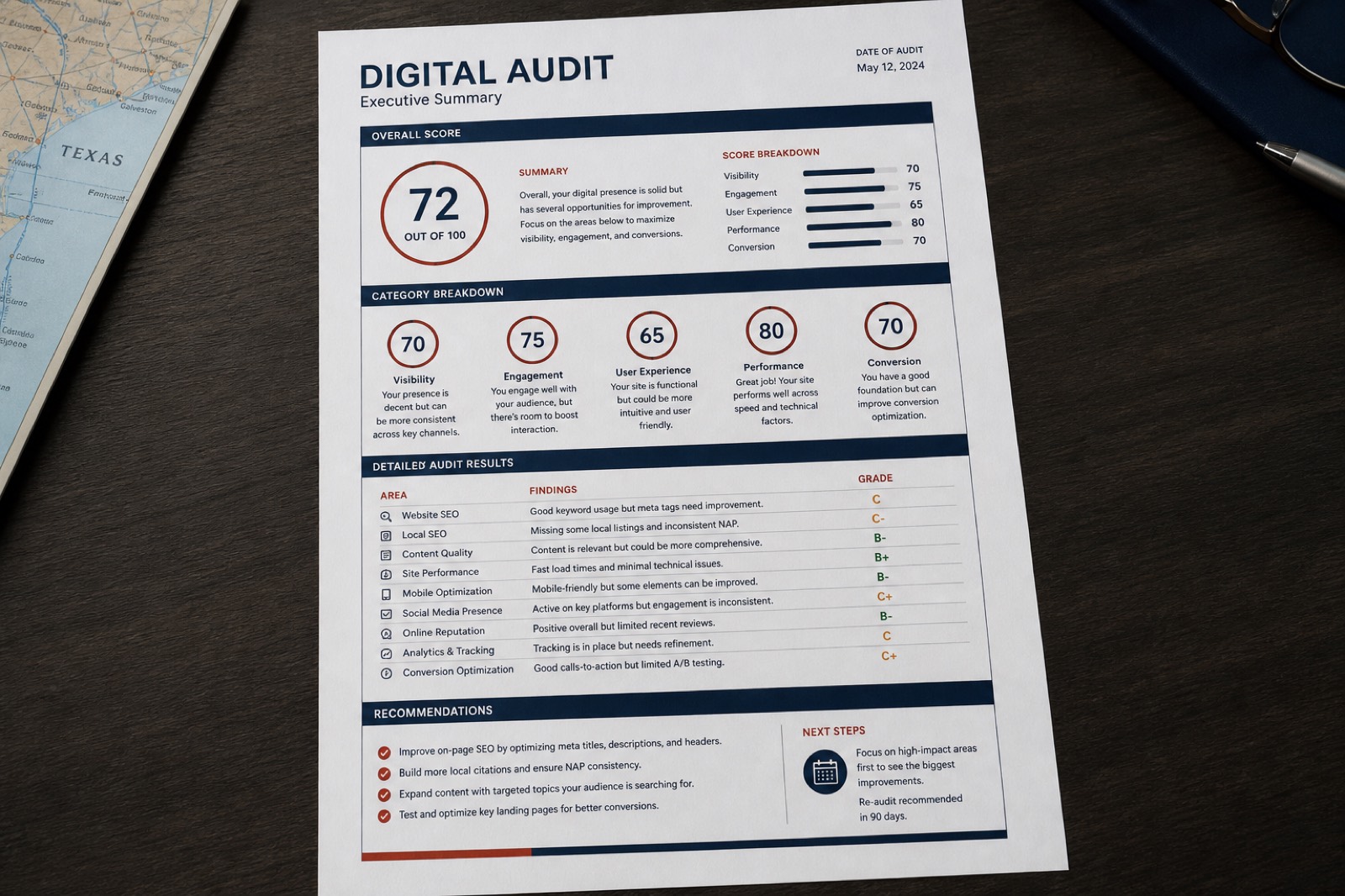 Sample Digital Audit report page on a desk