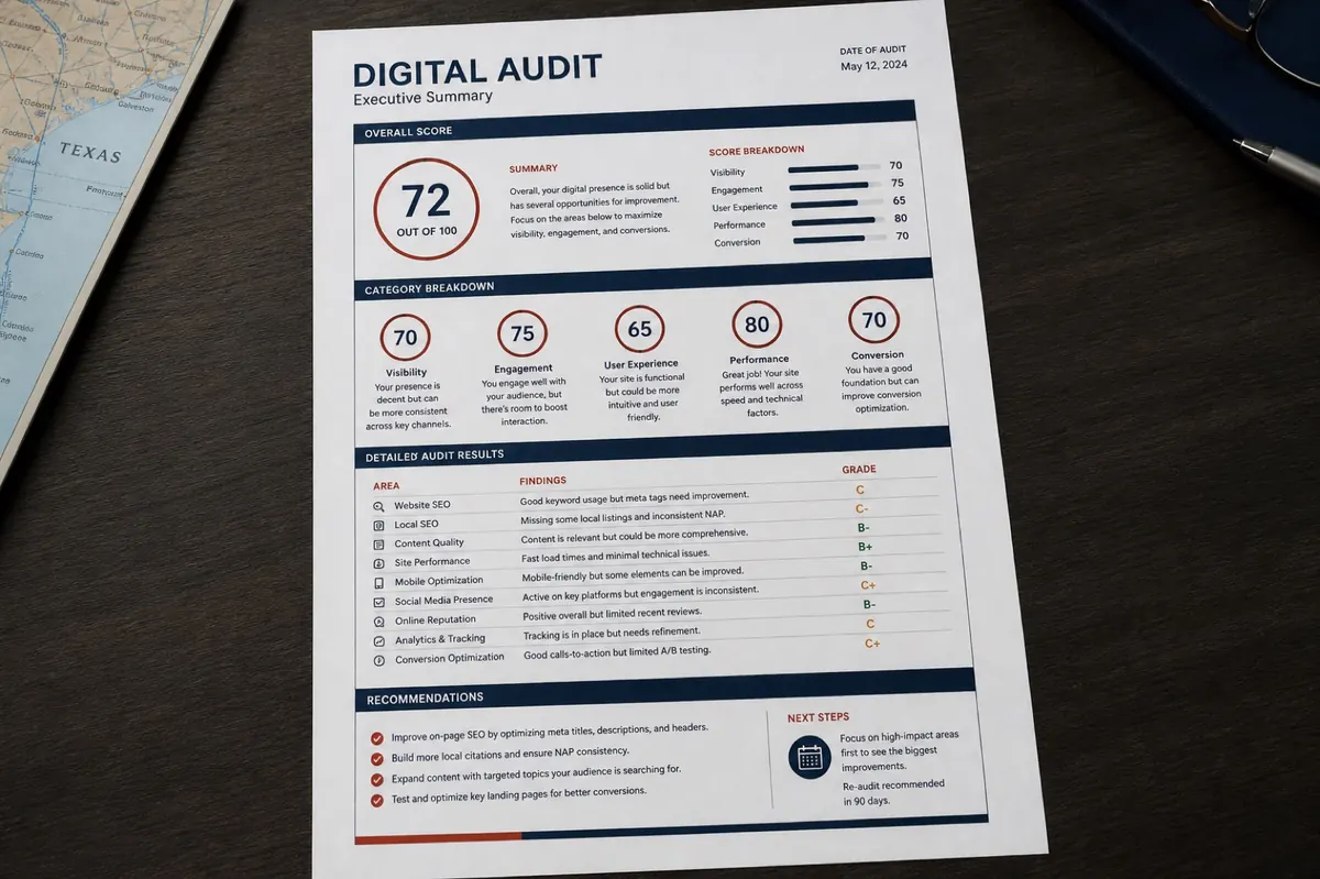 Sample Digital Audit report page on a desk
