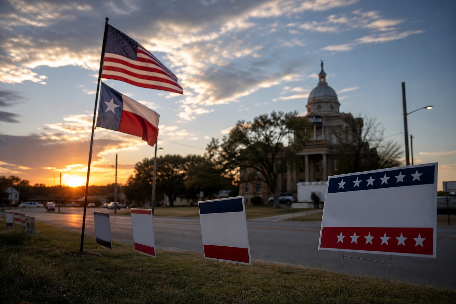 Texas local campaign yard signs along a rural road at golden hour