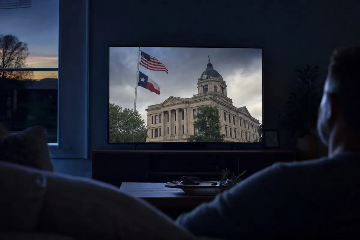A political commercial playing on television in a living room